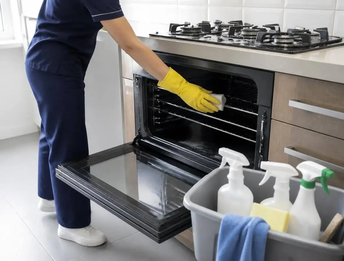 Cleaner in gloves wiping kitchen cupboards and benchtops in an empty rental home